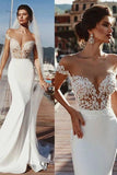 Stunning Mermaid Cap Sleeve Sheer Neck Long Wedding Dresses Beach Wedding Gowns STF15437