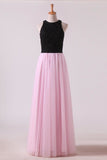 2024 Bicolor Prom Dresses A-Line Scoop Floor-Length Tulle Black Bodice Zipper PTPPCKMF
