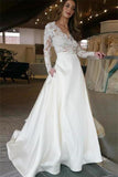 Long Sleeves Ivory Lace Satin Long V-Neck Prom Dresses P61TE4Z5