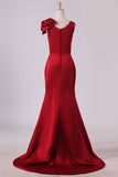 2024 Evening Dresses V Neck Satin With Bow Knot Sweep Train P1LYLYZX