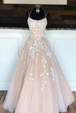 Spaghetti Straps Floor Length Prom Dress With Appliques Long Evening Dress Lace PLN2ZEMM