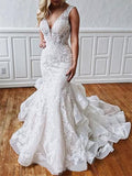 Stunning Mermaid Lace V Neck Backless Wedding Dresses Straps Wedding Gowns STF15438