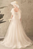 Unique Tulle Lace Long Wedding Dress Ivory Short Sleeves Lace Up Back Bridal STFPK2YQ77B