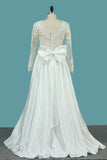 2024 Satin A Line Scoop Long Sleeves Wedding Dresses With Applique PKTL7K6S