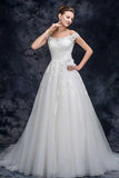 Off the Shoulder Tulle Wedding Dress with Lace Applique, A Line Long Bridal Dresses STF15273