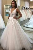 A Line V-neck Long Tulle Wedding Dress with Appliques, Cheap Bridal Dresses STF15045