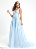 Micah With Tulle Sweep Prom Dresses Ball-Gown/Princess Train Beading V-neck Lace