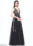 Sequined Prom Dresses With Floor-Length A-Line Beading Violet V-neck Tulle