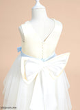 Neck Dress With Girl Scoop A-Line Sleeveless - Sash/Beading/Bow(s) Flower Girl Dresses Keely Tea-length Flower Satin/Tulle