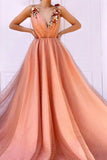 Charming Orange 3D Flowers Long Prom Dresses V-Neck Tulle Cheap PR5291S4