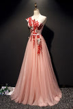 A Line One Shoulder Tulle Red Applique Long Prom Dress PA91PY8Y