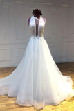 Simple Halter Court Train Tulle Wedding Dresses A Line Sleeveless Bridal STFP5QM4JP3