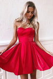 Simple Red Satin Sweetheart Strapless Homecoming Dresses Above Knee Short Prom Dresses STF14982