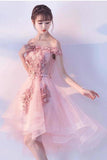 Pink Lace Tulle Short Prom Dress Off-the-Shoulder Appliques Lace up Homecoming Dresses STFPST13190