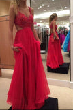Beautiful Long Flowy Chiffon Lace Beading Red Prom Dresses PY98BCP4