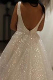 Shiny Ivory Sequins V Neck Backless Straps Wedding Dresses, Beach Bridal Dresses STF15375