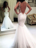 Elegant Mermaid White V Neck Appliques Wedding Dresses, Tulle Beach Wedding Gowns STF15183