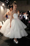 A Line Strapless Sweetheart Organza Tea Length Wedding Dresses Prom STFP4QYSTKF