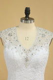 2024 Plus Size Mermaid Wedding Dresses V Neck With Beads And Applique Court Train PD7P5SFG