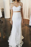 Elegant Two Pieces Lace Mermaid Short Sleeves Tulle Wedding Dresses STF15581