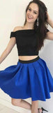 Cute Two Piece Off the Shoulder Satin A Line Homecoming Dresses