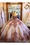 Champagne Tulle Rosewood Appliques Sweet Heart Neckline Ball Gown Quinceanera Dresses Prom STFPCTTJKBL