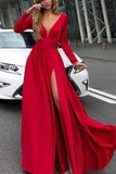 Burgundy Prom Dresses With Slit V Neck Cheap Long Sleeve Prom Dress PMHTEN3X