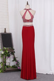 2024 Halter Two-Piece Beaded Bodice Sheath Open Back Prom Dresses Spandex & Tulle Floor P84JHZ8H