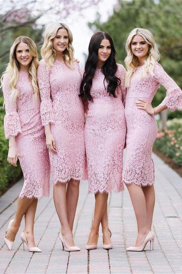 Pink V-neck Straps Tea Length Asymmetrical Lace Bridesmaid Dress,Midi –  kateprom