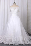 2024 A Line Boat Neck Wedding Dresses Short Sleeves Tulle With Applique PDK47GEG