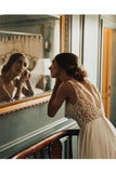 Elegant A Line Tulle Ivory V Neck Wedding Dresses With Pearls V Back Beach Bridal STFPJ5XYJAD
