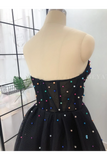 Elegant A Line Sweetheart Strapless Black Tulle Prom Dresses With STFPT11F6GE