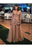 A-Line V Neck Appliques Floor Length Prom Dresses Tulle Evening STFP82T3LY5