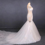 Charming Mermaid Tulle V-neck Wedding Dress, Sheer Back Long Bridal Dresses STF15112