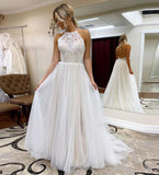 A Line Halter Tulle Wedding Dress with Top Lace, Backless Beach Wedding Dresses STF15547