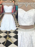 Trendy Two Piece Bateau Cap Sleeves Short White Homecoming Dress Beading STF14208
