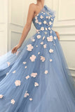 Charming One Shoulder Blue Tulle 3D Flowers Prom Dresses, Long Cheap Dance Dresses STF15119