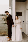 Elegant A Line Long Sleeves Round Neck Backless Boho Wedding Dress, Bridal STF20409