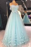 Cheap A Line Strapless Floor Length Tulle Prom Dress With Flowers Appliqued Formal STFPS5H8PGM