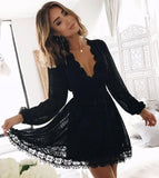 Chic Black Deep V Neck Long Sleeves Lace Homecoming Dress, Black Short Prom Gowns STF14968
