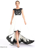 Satin A-Line Lace Asymmetrical Yaretzi Illusion Scoop Prom Dresses
