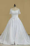 2024 New Arrival Wedding Dresses V Neck Short Sleeves Satin PFLK9PXF