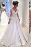 Classy Long Sleeves White Lace Satin Formal Wedding Dresses Dresses PTYR6J8G