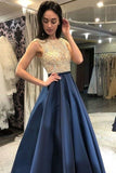 Modest Beading Blue Long A-Line Elegant Satin Prom Dresses P1JC4KXJ