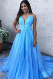 A Line Sky Blue Spaghetti Straps V Neck Tulle Prom Dresses, Cheap Evening Dresses STF15554