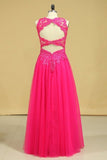 2024 A Line Open Back Scoop Prom Dresses Tulle With Applique & Beading Floor PL12SMBM