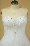 2024 Plus Size Sweetheart Beaded Bust Empire Waist A Line Wedding Dress Chapel Train Tulle With PTPESE83
