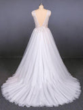 A Line Straps V Neck Lace Appliques Tulle Wedding Dresses Long Wedding Gowns STF15034