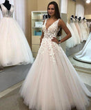 A Line V-neck Long Tulle Wedding Dress with Appliques, Cheap Bridal Dresses STF15045