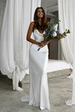 Elegant Mermaid Cowl Neckline White Simple Wedding Dresses, Spaghetti Straps Bridal Dress STF15177
